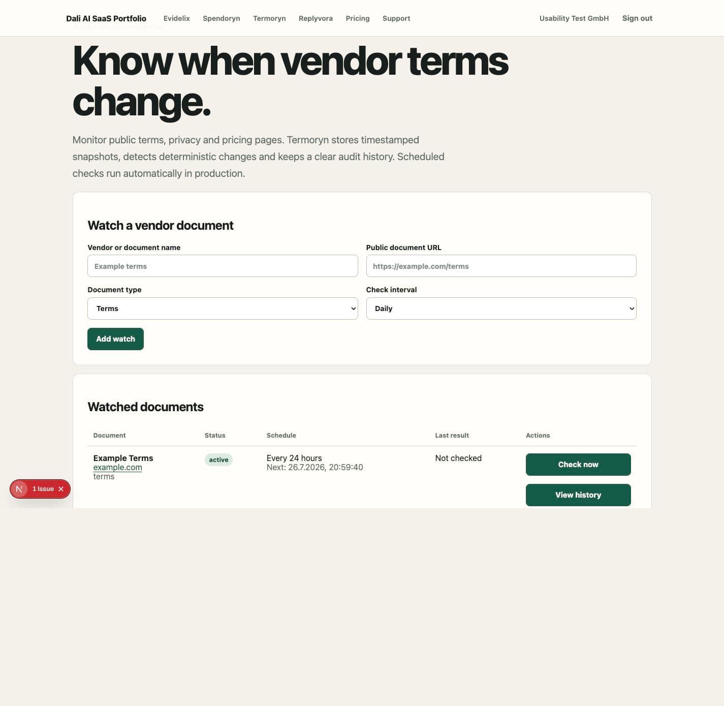 Termoryn product dashboard with synthetic test data